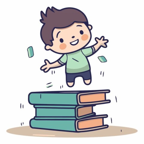 Boy jumping on pile of books in cartoon style.