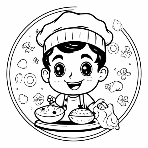 Black and White Cartoon Illustration of Cute Little Boy Chef Cha