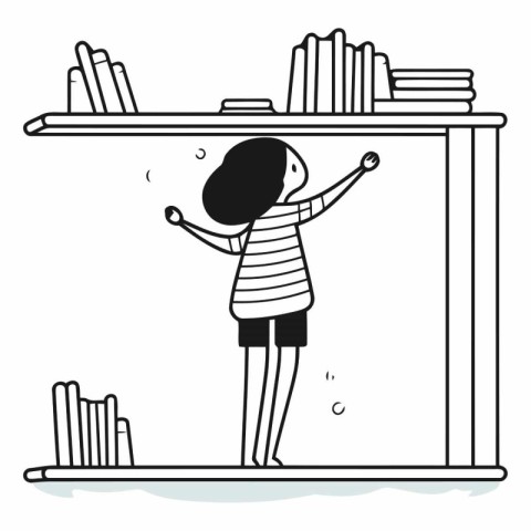 Black and white illustration of a girl standing in front of book