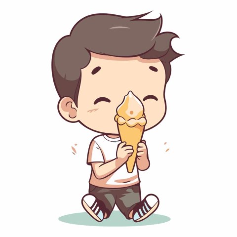 Cute boy eating ice cream isolated on white background.