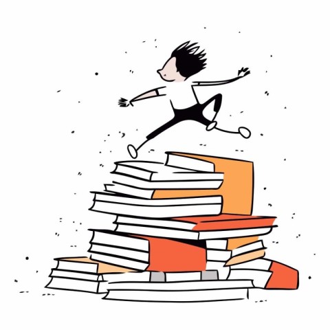 Man running on a pile of books. Vector hand drawn illustration.