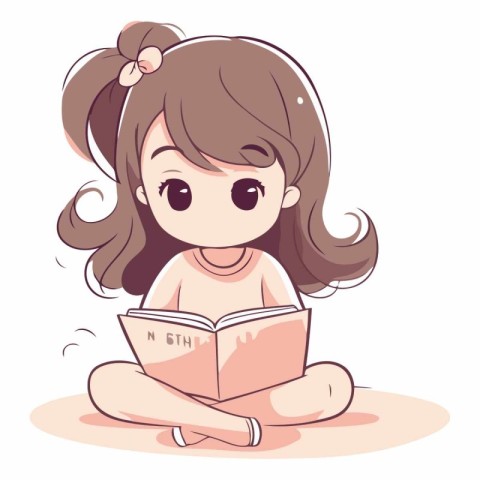 Cute little girl reading a book in a cartoon style.