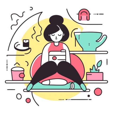 Vector illustration of woman sitting on the floor with tablet an