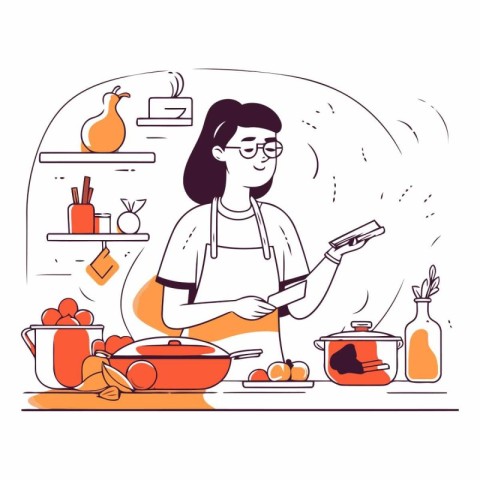 Vector illustration of woman cooking in the kitchen. Line art st