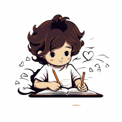 Cute little girl writing a book on white background.