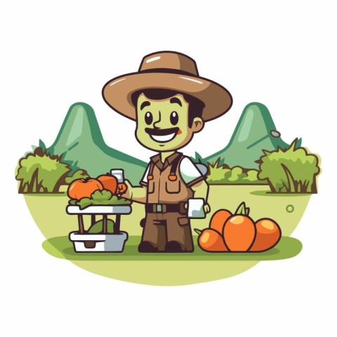 Farmer with vegetables in the garden cartoon character.