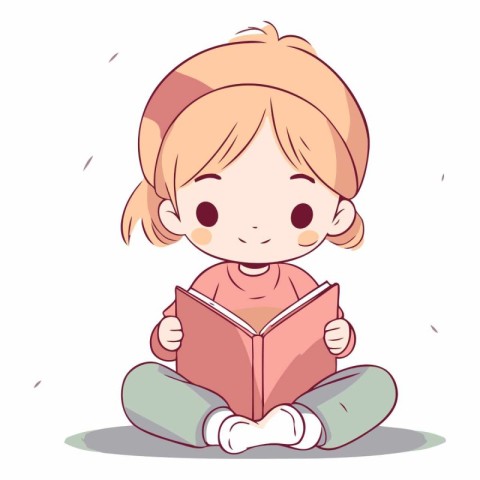 Little girl reading a book. Cute cartoon character.