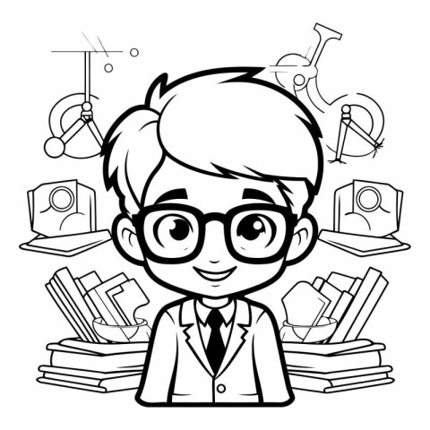 Black and White Cartoon Illustration of School Boy Student with