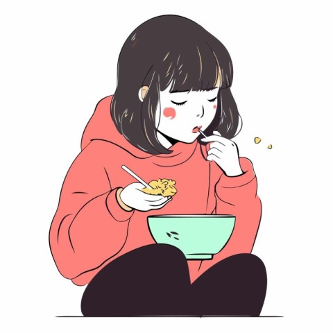 Illustration of a young woman eating a bowl of noodle.