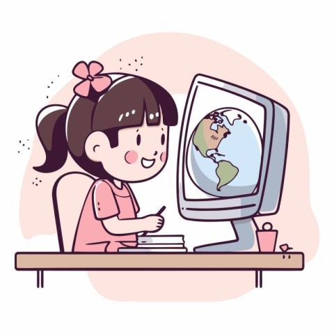 Girl using a computer to study the world. Vector cartoon illustr