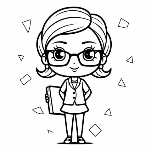 Black and White Cartoon Illustration of Cute Little School Girl