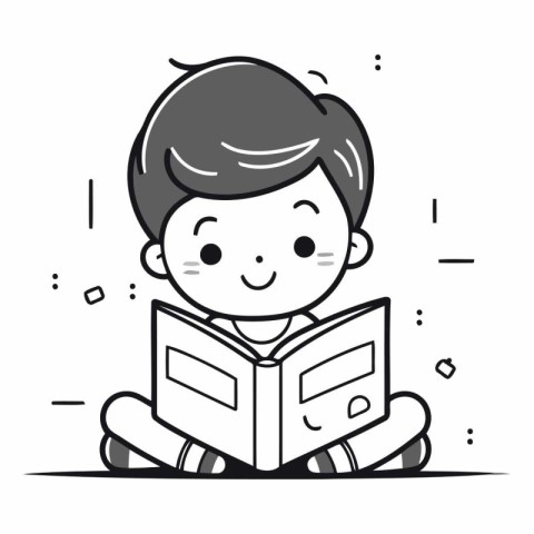 Cute little boy reading a book. Vector line art illustration.