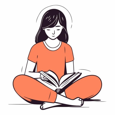 Girl reading a book in doodle style.