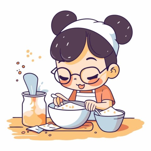 Cute little girl in glasses making cookies. Vector cartoon illus