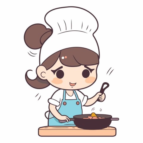 cute little chef girl cooking in the kitchen.