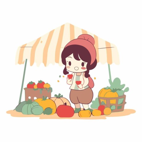 Illustration of a girl selling fruits and vegetables at the mark