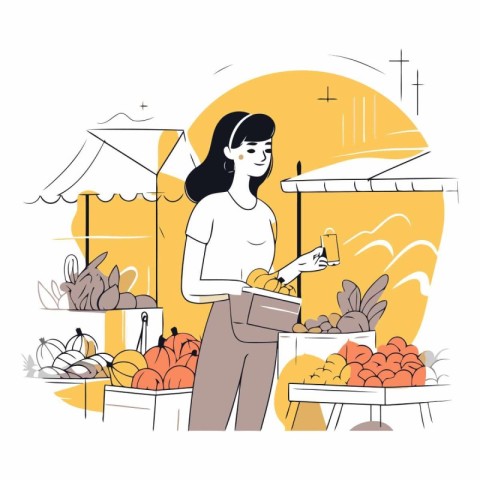 Vector illustration of a woman buying fruits in the market. Flat