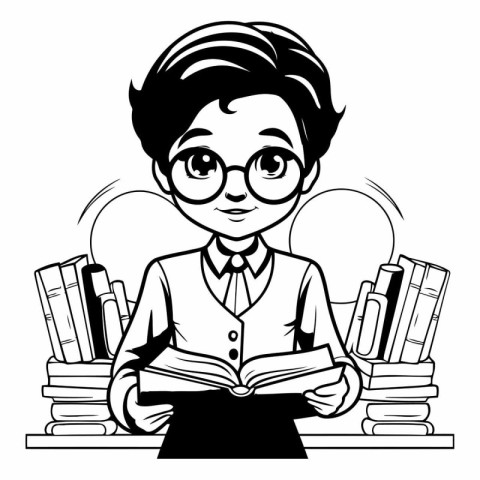 Teenager boy with glasses reading a book. Black and white vector