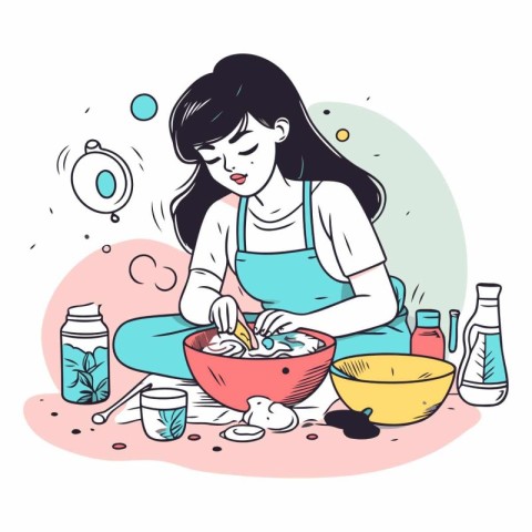 Woman washing dishes. Hand drawn vector illustration in cartoon