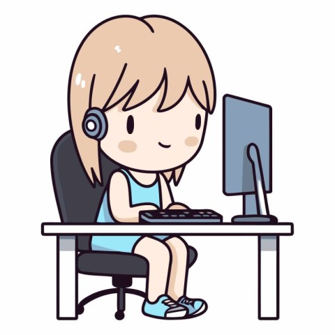 Illustration of a Cute Girl Sitting at Her Desk While Playing Co