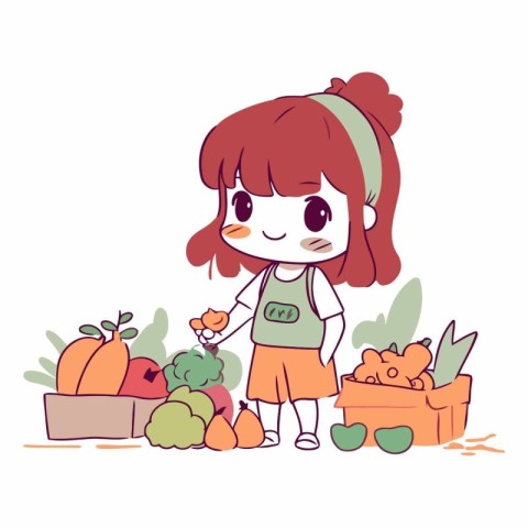 Cute little girl choosing fruits and vegetables in cartoon style