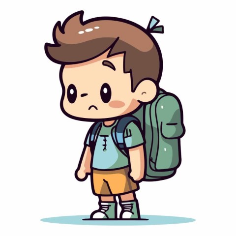 Boy going to school with backpack in cartoon style.