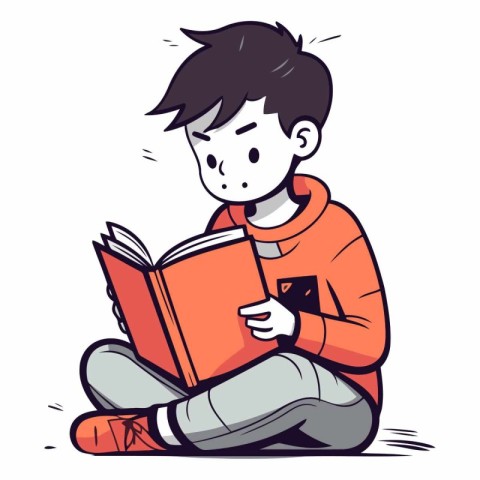 Boy sitting and reading a book in cartoon style.