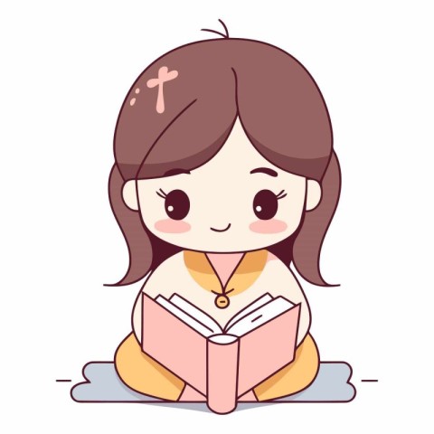 Cute little girl reading a book in cartoon style.