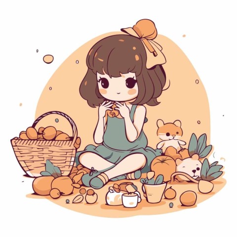 Cute little girl sitting on the ground with a basket of food