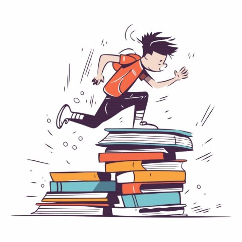 Man running on pile of books in cartoon style.