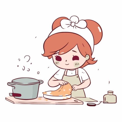 Illustration of a cute little chef girl cooking in the kitchen.