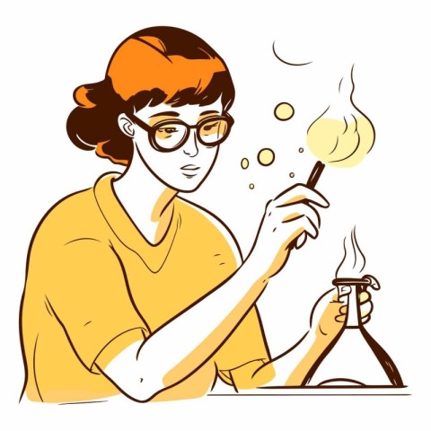 Vector illustration of a woman scientist in glasses working in a