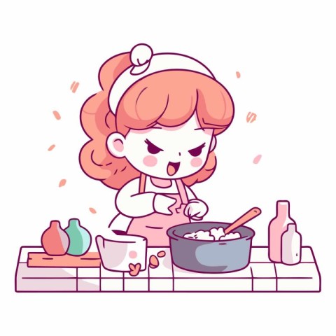 Cute little girl cooking in the kitchen in cartoon style.