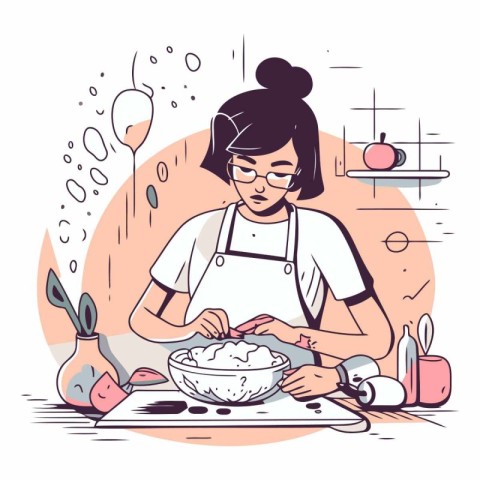 Woman cooking in the kitchen in flat cartoon style.