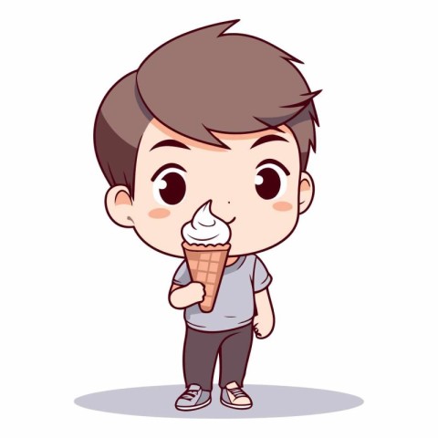 Cute boy eating ice cream in cartoon style.