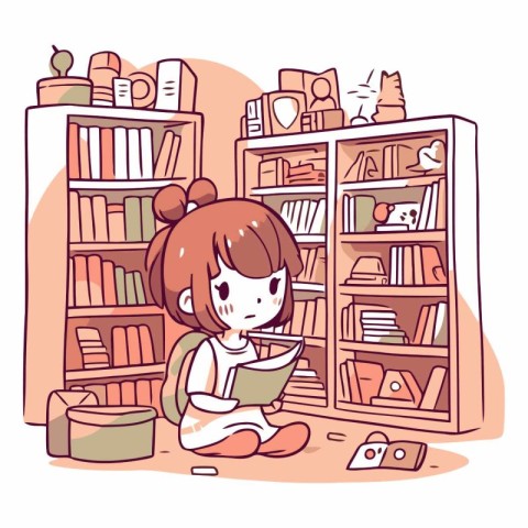 Illustration of a little girl reading a book in the library.