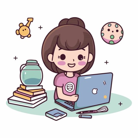 Illustration of a Girl Using a Laptop While Studying at Home