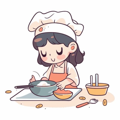 Illustration of a cute little chef girl cooking in the kitchen.