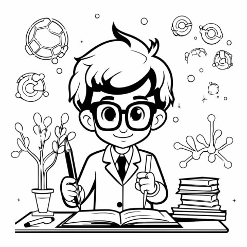 Boy with glasses doing homework. education concept. black and wh