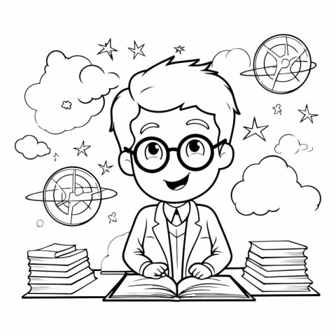 Black and White Cartoon Illustration of Kid Studying at School C