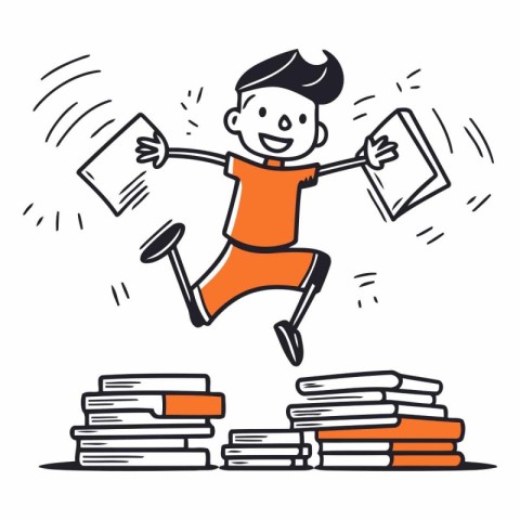 Happy schoolboy jumping on pile of books in doodle style.