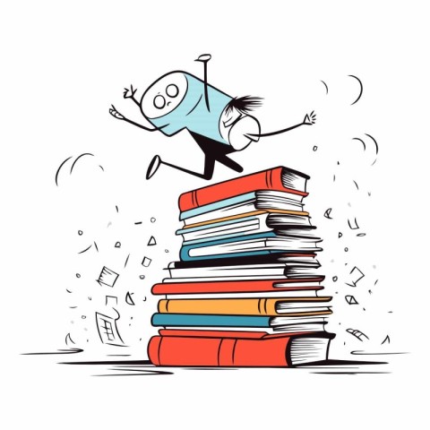 Cartoon illustration of a man jumping over a pile of books.