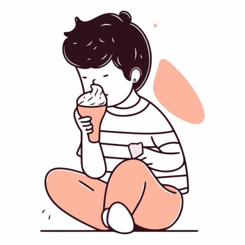 Vector illustration of a little boy eating ice cream. Cute line