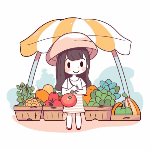 Illustration of a little girl selling fruits and vegetables at a