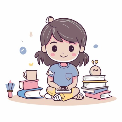 Cute little girl sitting on the floor with books.