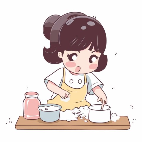 Illustration of a Cute Little Girl Baking Pastry in the Kitchen