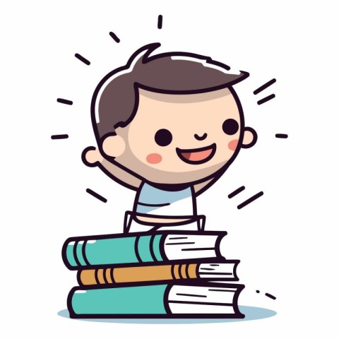 Cute cartoon boy with a pile of books.