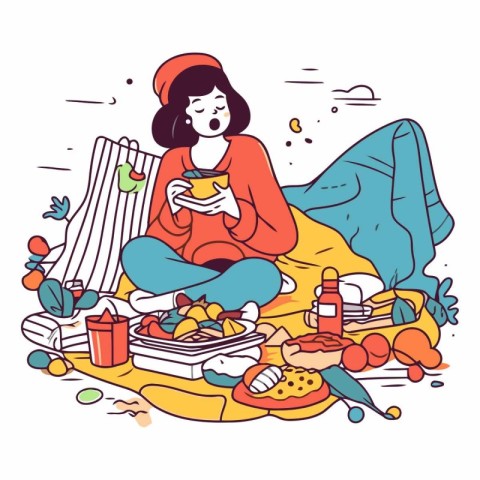 Vector illustration of a woman sitting in the park and eating fo