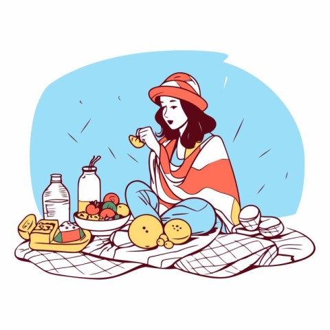 Vector illustration of a woman in a hat sitting on a blanket and