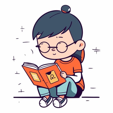 Cute little girl reading a book. Vector cartoon character illust